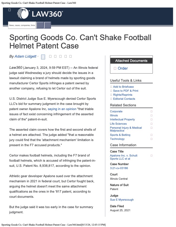 Article Image:Sporting Goods Co. Can't Shake Football Helmet Patent Case